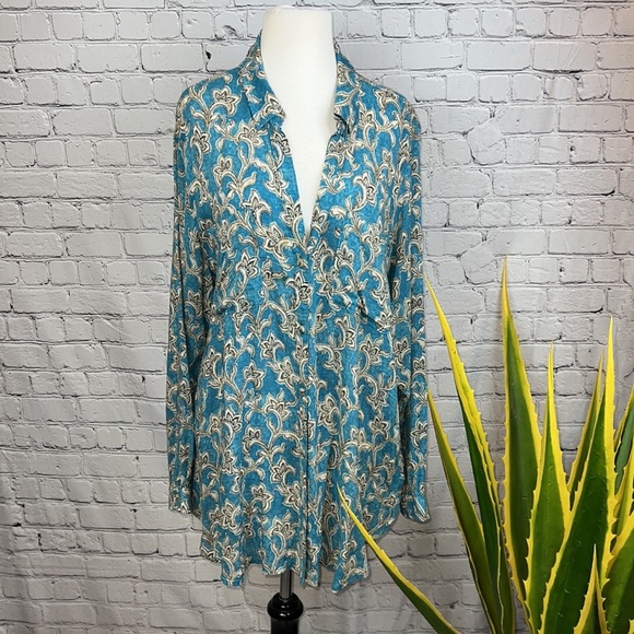Anthropologie Tops - 💸last CHANCE💸 ANTHROPOLOGIE Turquoise Floral Print Button Down, Size XL